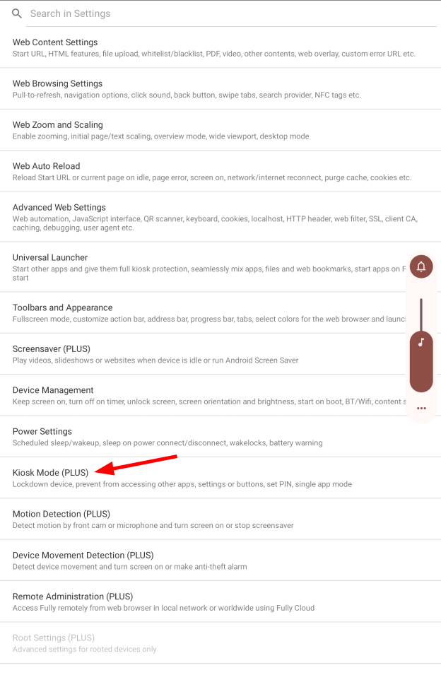 The kiosk browser settings menu, with Kiosk Mode (PLUS) highlighted