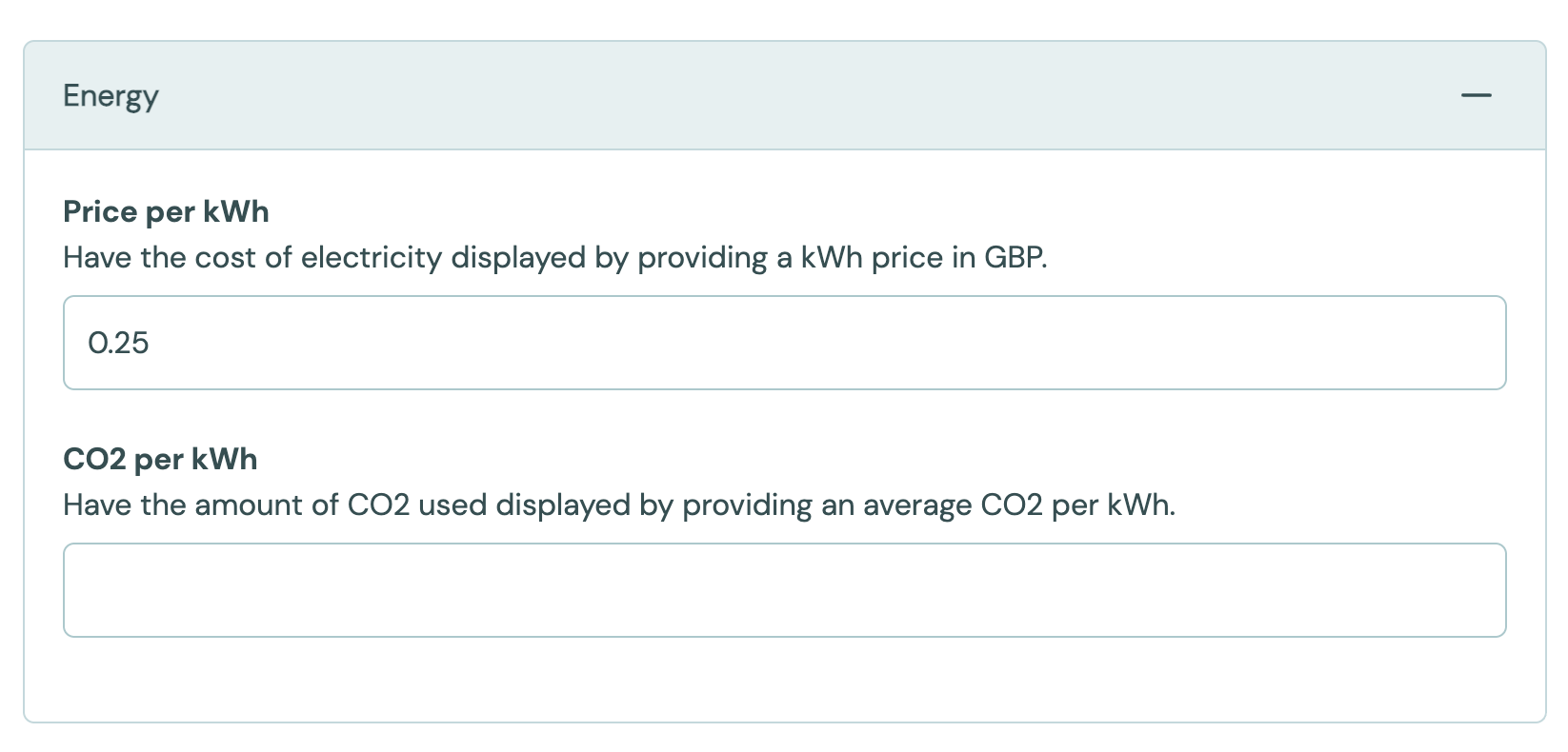 The Energy settings on the Account page