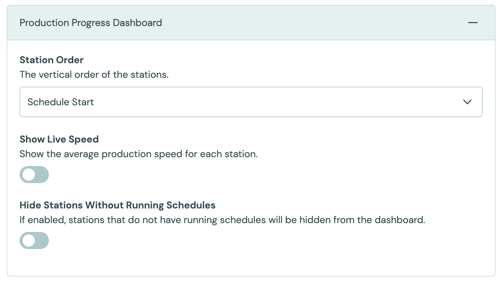 The Production Progress Dashboard settings on the Account page