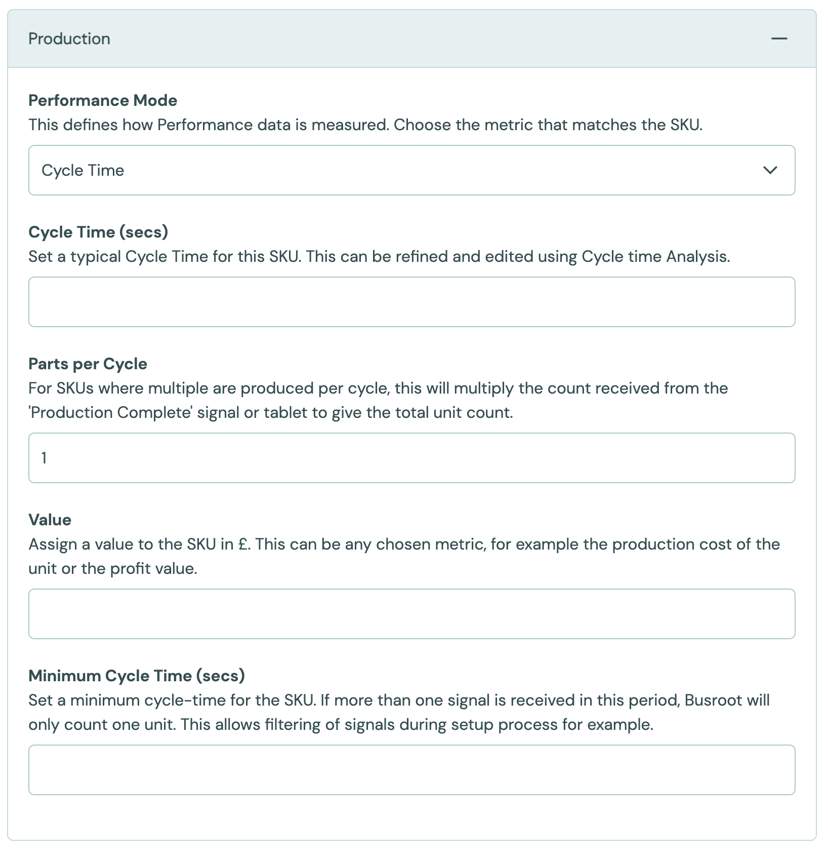 The Production settings of a SKU