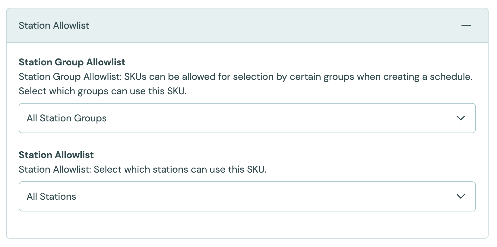 The Station Allowlist settings of a SKU