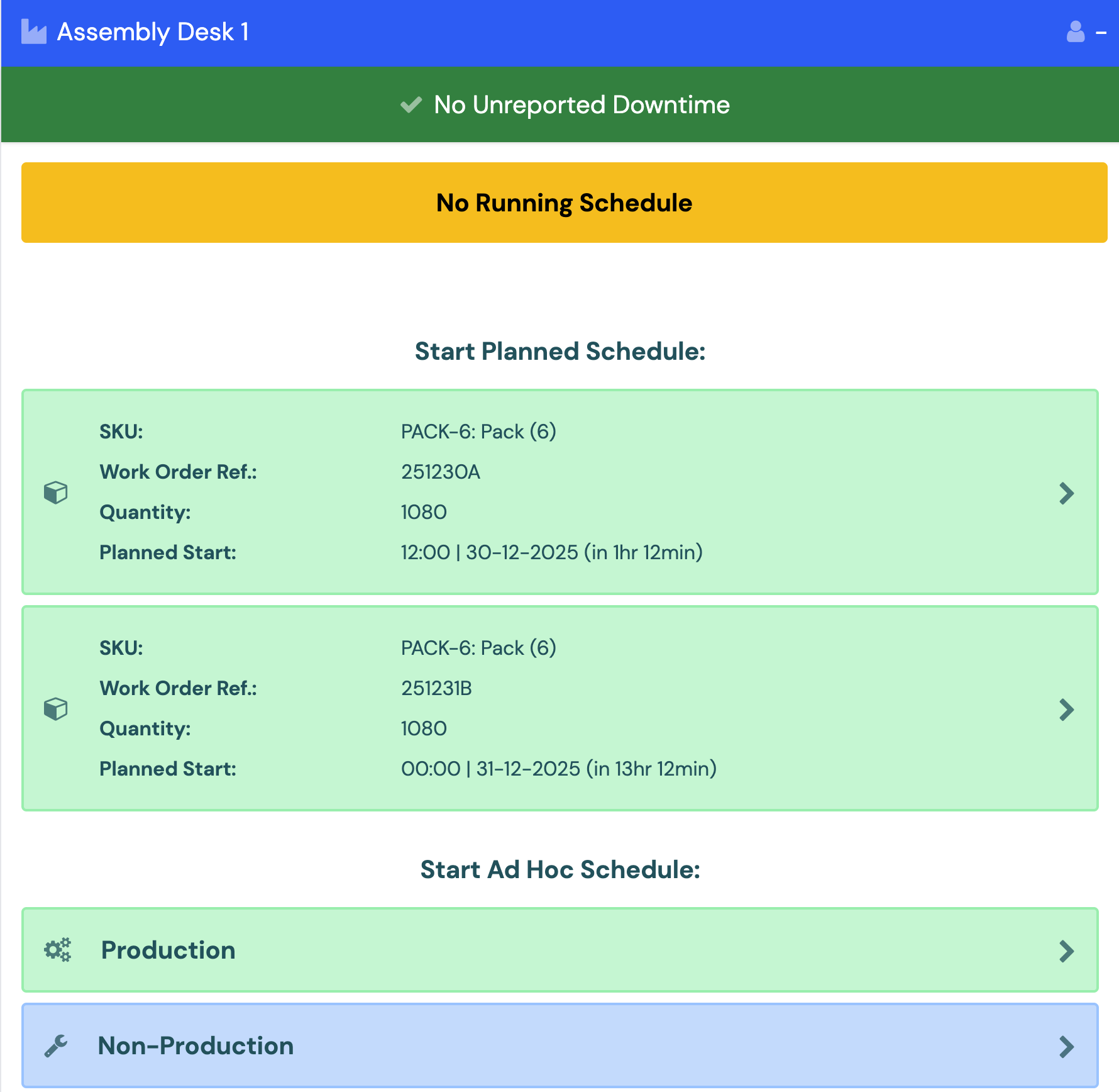 The Start Planned Schedule list in the Operator Interface