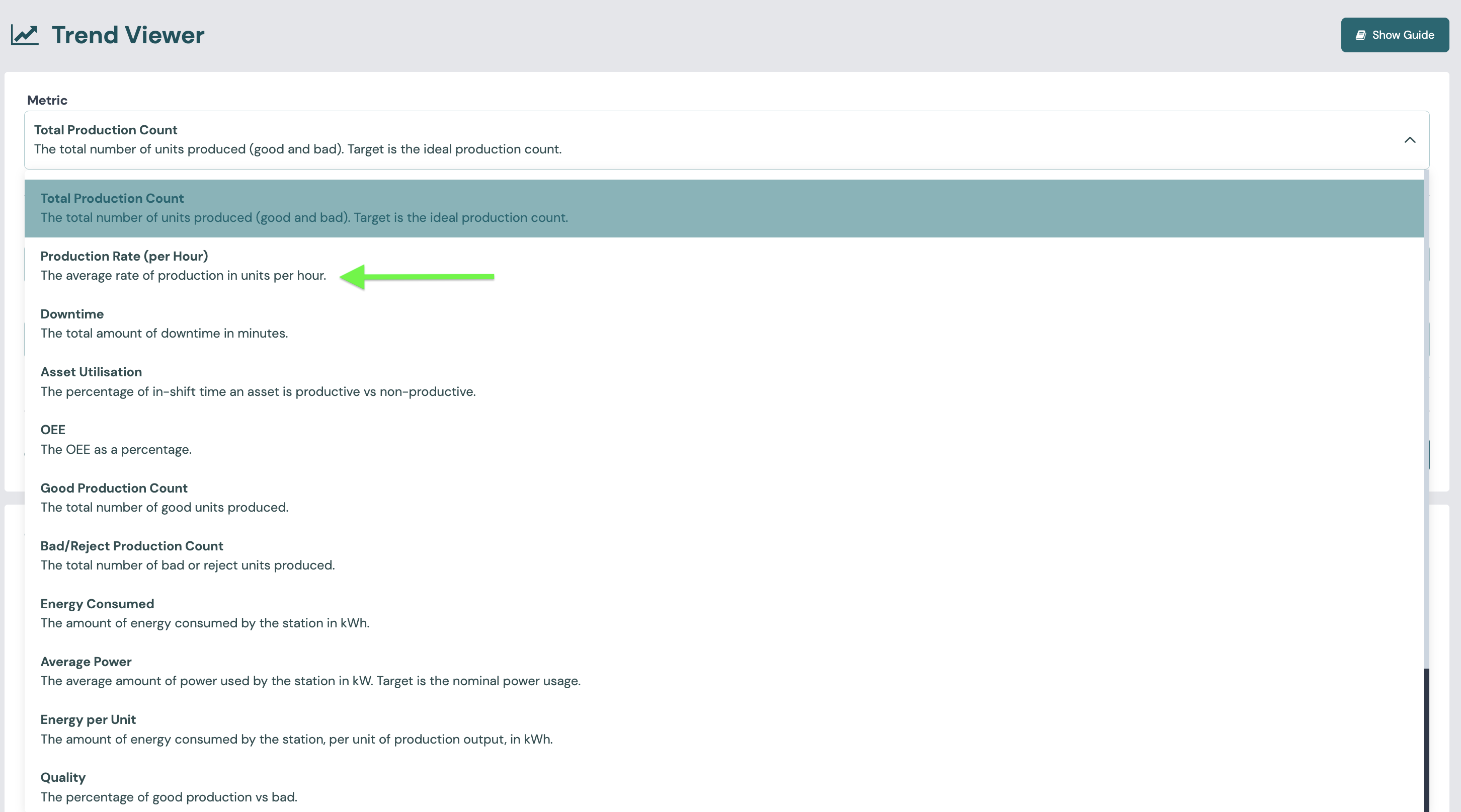 Selecting a metric in the Trend Viewer