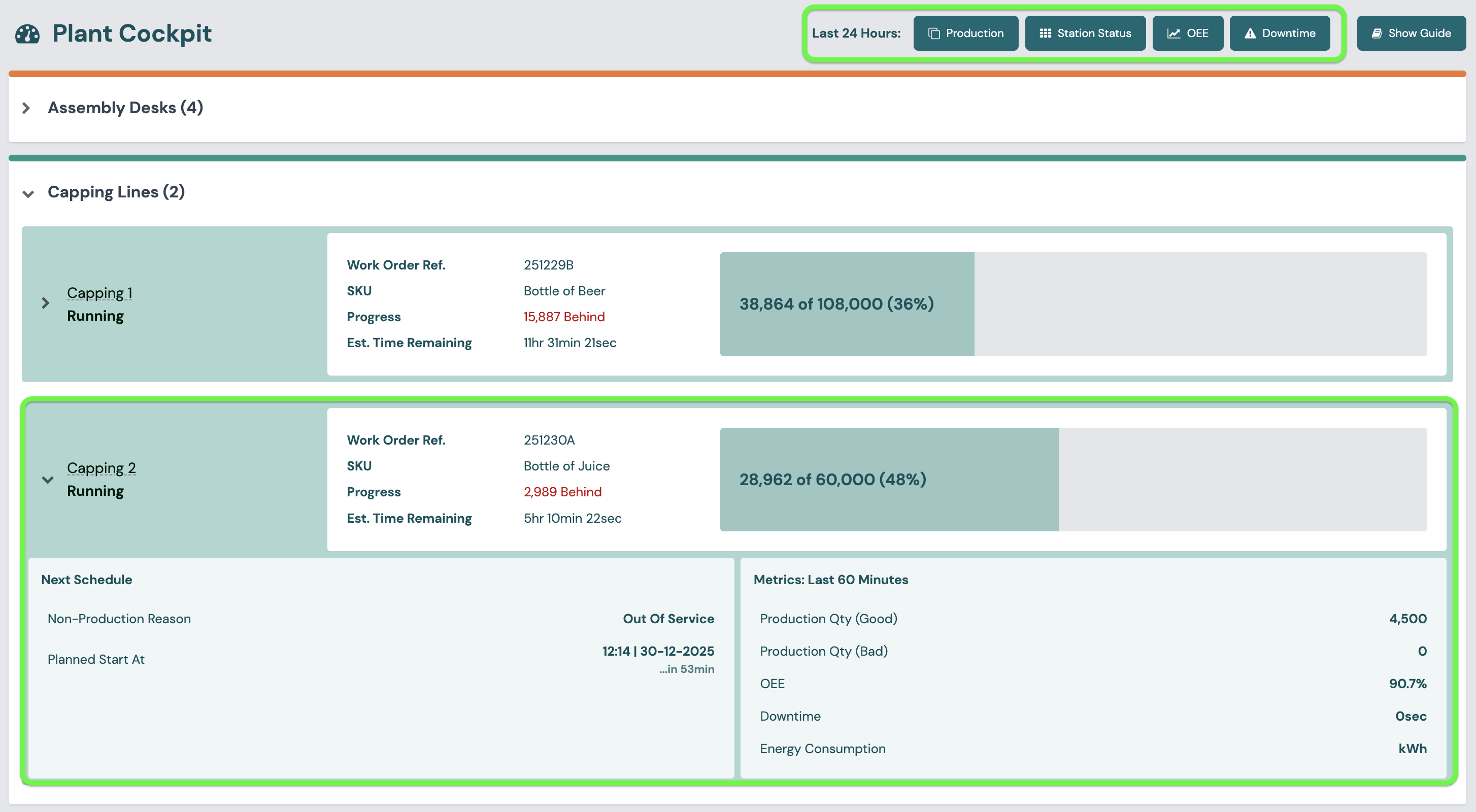 The Cockpit with one station group expanded, showing a running station, its schedule progress, the next schedule and the last hour's metrics