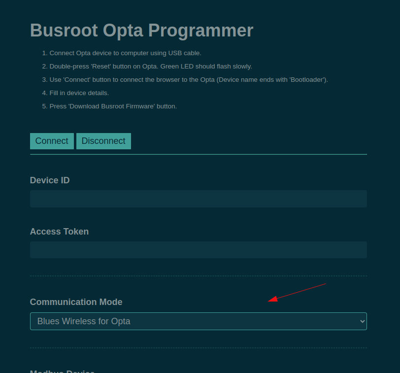 The Communication Mode option in the Busroot Opta Programmer, set to Blues Wireless for Opta