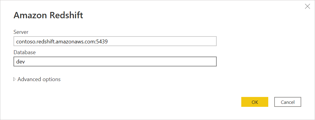 The Power BI Amazon Redshift connector, with Server and Database fields
