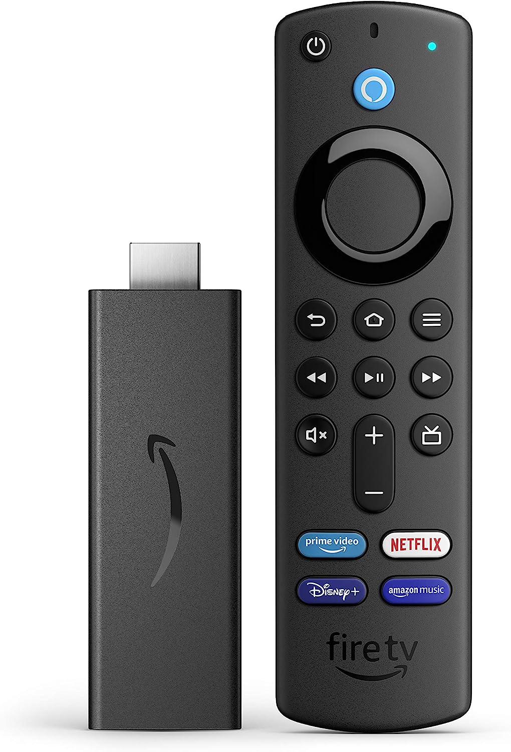 An Amazon Fire TV Stick with its remote