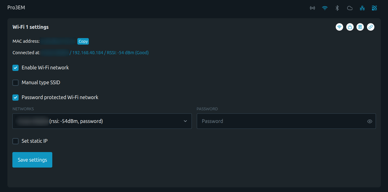 The Wi-Fi settings page of the Shelly web interface