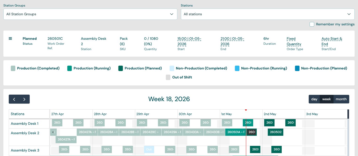 Gantt chart with station grouping, filtering and a shift overlay