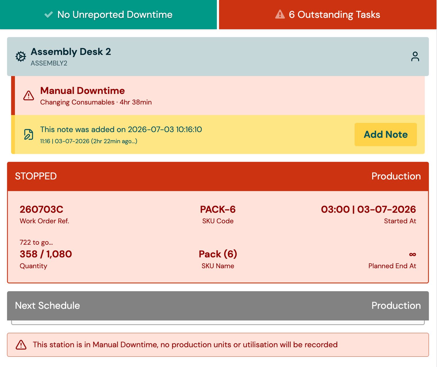 Manual Downtime shown on the Operator Interface